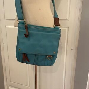 Fossil Turquoise Leather Crossbody Bag Flap Pocket Adjustable Strap boho vintage